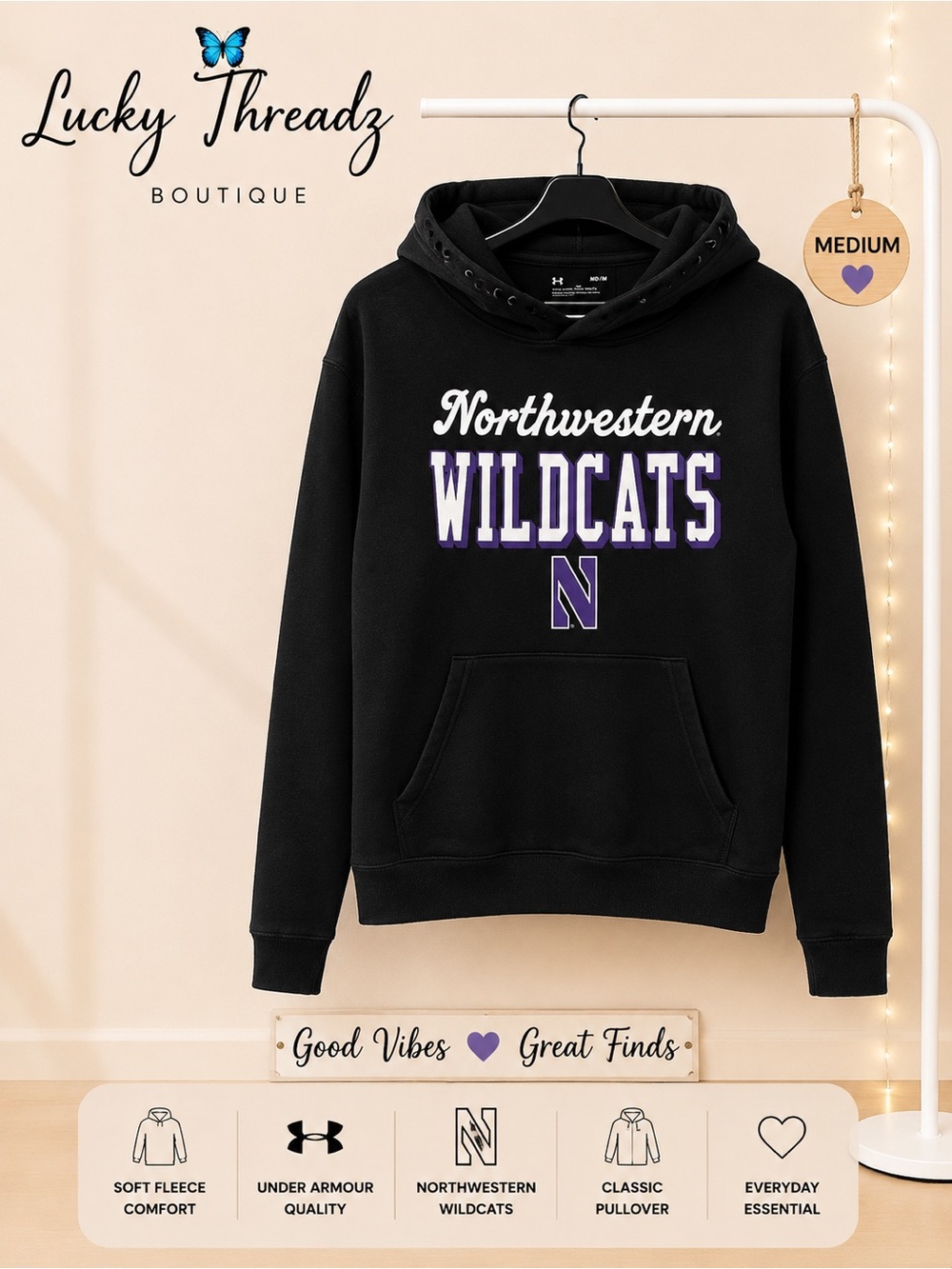 Under Armour Northwestern Wildcats Hoodie Black Fleece Pullover Men’s Medium